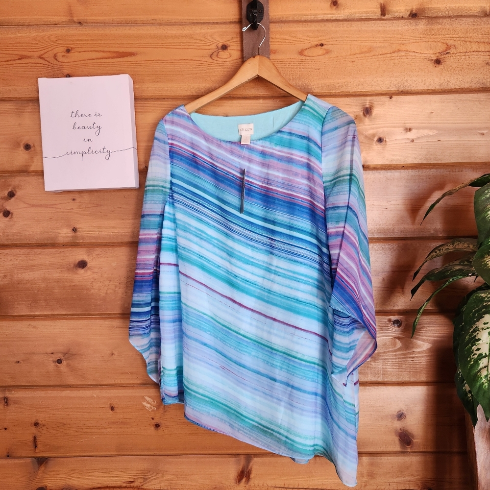Chico's NWT Cool Multi Vivid Stripe Chiffon Shirt Asymmetrical‎ Drama Top Sz 1/8